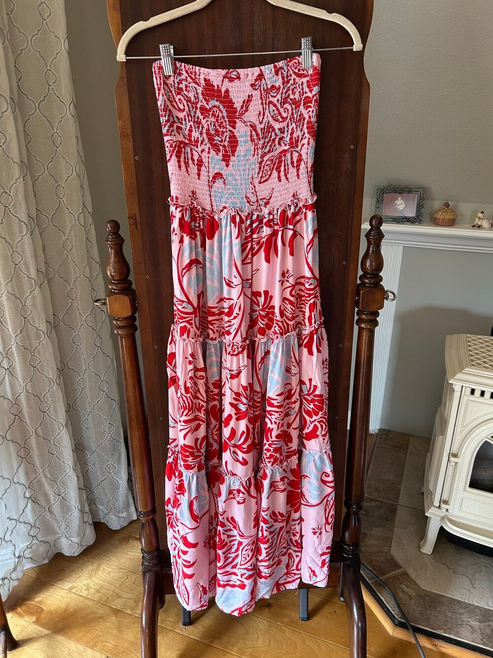 Abel the Label Anthropologie small Strapless Tiered Maxi Dress pink red floral